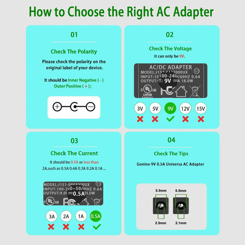 Guide on choosing AC adapter; steps include polarity, voltage, current, and tips check for Versatile 9V Guitar Pedal Power Supply Adapter