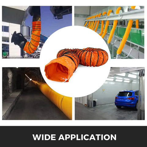 Wide applications of 25 Ft PVC Flexible Ducting Hose with S Hooks and Steel Support for 8 Inch Utility Blower in various settings.