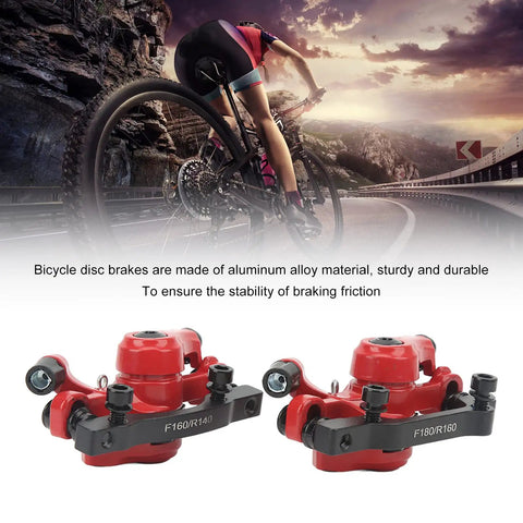 1 Pair Aluminum Alloy Mechanical Disc Brakes For Mountain Road Electric Scooter Cable Puller Kit Serving Up Killer Stopping Power And Dead Simple Bolt On Install In Fiery Red mounted on a mountain bike.