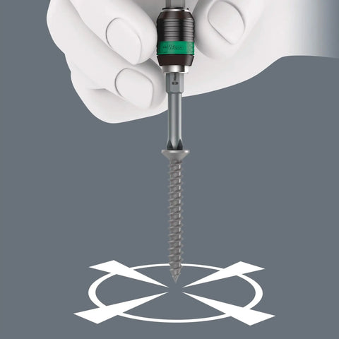 Rapidaptor Universal Bit Holder With Quick Release Chuck for One Quarter Inch Hex Drives and Power Bits in use with screw