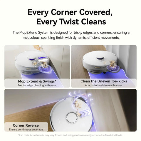 Freo X10 Pro Robot Vacuum And Mop Combo With 11,000 Pa Suction, DualFlow Tangle Free System cleaning room corners