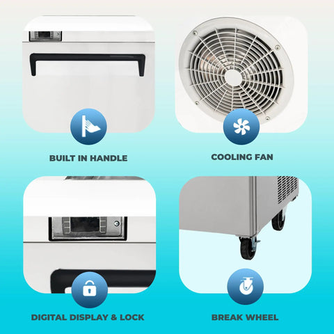 Heavy Duty Kitchen Bad Boy Commercial Sandwich Prep Refrigerator With Bain Marie Well And Eighteen Pan Capacity Built Like A Tank features built-in handle, cooling fan, digital display & lock.
