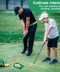 Six Pack Golf Putting Cups With Flags on green, adult and child practicing putting, outdoor training session emphasis on short game.