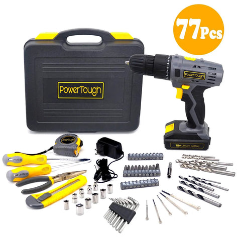 77 Piece Cordless Drill And Screwdriver Tool Set With 18V 20V Battery Charger for home repair and DIY projects displayed