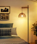 Cozy Tall Floor Lamp With Rattan Lampshade 3 Color Temperatures And Stepless Dimmer Smart Floor Lamp in bedroom setting