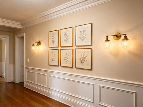 Vintage Double Sconce Wall Light With 5.9 Inch Clear Glass Globe illuminating hallway with framed art