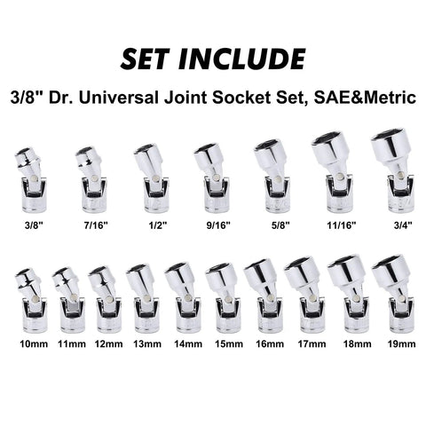 Set of Three Eighths Inch Drive Universal Flex Socket Set For SAE And Metric, chrome vanadium, with sizes from 3/8 to 19mm shown.