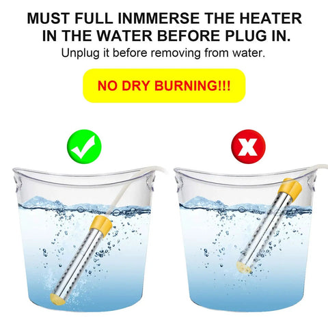 Infographic showing correct immersion of Portable 1500W Submersible Immersion Water Heater With 304 Stainless Steel Guard For Buckets