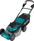 Badass 36V Brushless Cordless Self Propelled Commercial Lawn Mower Featuring Rock Solid 21 Inch Cutting Deck And Responsive Handle Control with black and teal design.