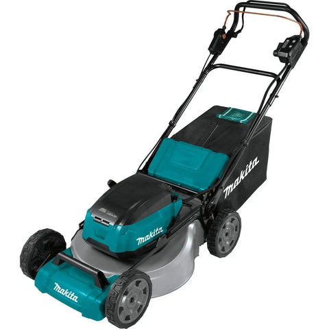 Badass 36V Brushless Cordless Self Propelled Commercial Lawn Mower Featuring Rock Solid 21 Inch Cutting Deck And Responsive Handle Control with black and teal design.