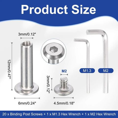 Bulletproof 304 Stainless Steel Hex Socket Cap Chicago Screws 20 Pack Metric Binding Post Set For Scrapbooking Leather Work And Diy Fixes Solid Silver Fasteners with size and dimensions.
