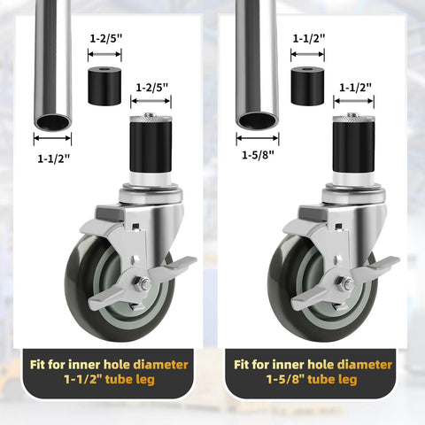 4 Inch Prep Table Caster Wheels Set Of 4 With Expanding Stem From One And A Half Inch To One And Five Eighths Inch Swivel Casters With Side Brake