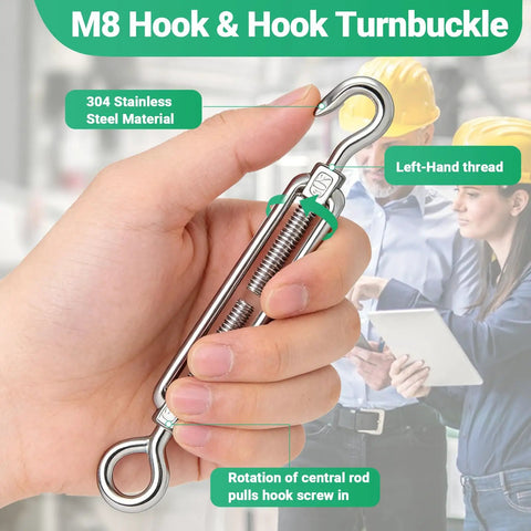 Person holding M8 Hook And Eye Turnbuckle Set In 304 Stainless Steel Built Tough Beefy Ten Pack Heavy Duty Wire Rope Tensioner