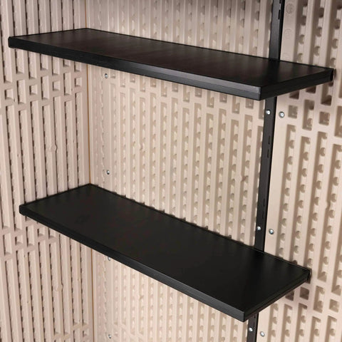 Interior shelves of Vertical Storage Shed Desert Sand With Lockable Doors And Weather Resistant Resin Panels