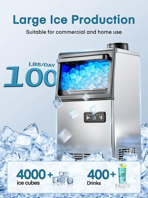 Beast Mode Ice Maker For Home Bar, 100 Lbs Per Day, Freestanding Or Undercounter, 40 Ice Cubes Per Cycle, 24 Lbs Storage, Stainless Steel