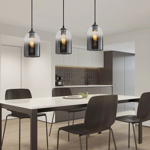 Black Glass Cylinder Pendant Lights Set Of 2 - Modern Farmhouse Style Double Glass Gradient Shades For Kitchen Island, Dining Room