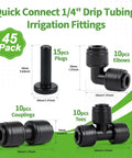 Complete 45 Piece Quick Connect Drip Irrigation Fittings Kit for One Quarter Inch Tubing with dimensions and parts list.