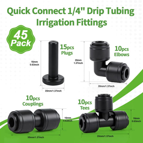 Complete 45 Piece Quick Connect Drip Irrigation Fittings Kit for One Quarter Inch Tubing with dimensions and parts list.