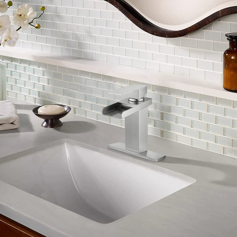 Waterfall Style Brushed Nickel Bathroom Faucet For Sink With One Or Three Hole Setup, Easy Install Pop Up Drain