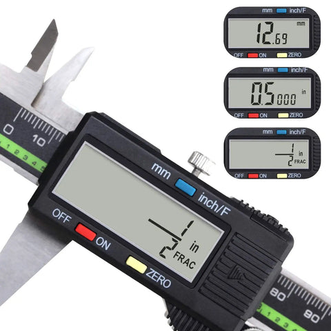 Plastic Digital Caliper With Large LCD Screen 6 Inch Digital Vernier Caliper For Inches And Millimeters Conversion Electronic Caliper Measuring Tool High Accuracy 0.01 Inch And 0.1 Millimeter One Button Unit Switch showing 1.2 inches and 0.5 millimeters.