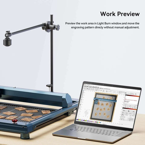 LightBurn camera kit for laser engraver on vertical stand with laptop preview, 5MP HD