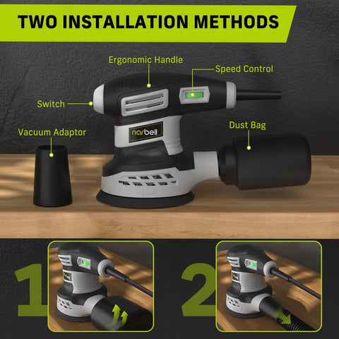 Beefy 3.0A 360W Random Orbital Sander Kit, 14000 RPM, 6 Variable Speeds, 5 Inch Palm Sander With Dust Bag and 15 Piece Sandpapers