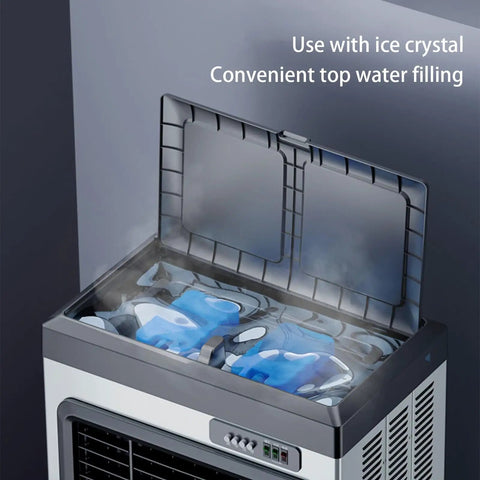 Dead Quiet Portable Swamp Cooler With Massive 180 Liter Tank And Three Adjustable Fan Speeds Evaporative Air Conditioner top filling with ice crystals.