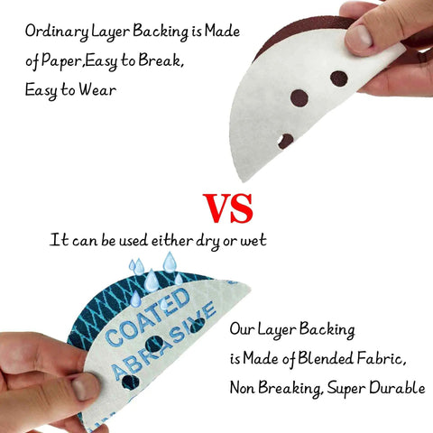 Comparison of sander sandpaper 5 inch 8 hole disc with hook and loop pads 240 grit vs ordinary layer backing.