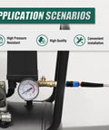 Heavy Duty Polyurethane Coiled Air Hose 1/4 X 25 Ft Self Retracting Spring Design With Quick Connect Coupler And Emissions Plug Kit connected to air compressor with pressure gauge.