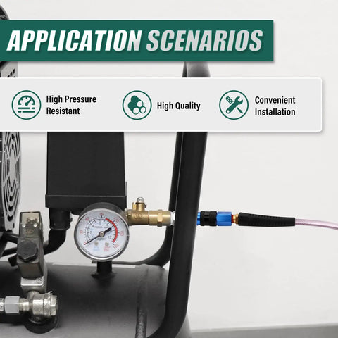 Heavy Duty Polyurethane Coiled Air Hose 1/4 X 25 Ft Self Retracting Spring Design With Quick Connect Coupler And Emissions Plug Kit connected to air compressor with pressure gauge.