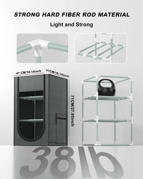 Three Layer Filament Storage Box for 3D Printers with hard fiber frame, oxford cloth build, showcases structure and dimensions.