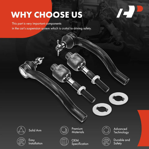 Front Inner And Outer Tie Rod End Kit For Honda Accord 2008 2009 2010 2011 2012 Fix Loose Steering Squeaks And Uneven Tire Wear With A Smooth Responsive Ride, black steel tie rods