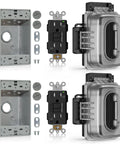 Top Shelf 15 Amp Outdoor GFCI Outlet Self Test Tamper Resistant GFI Black 2 Pack with metal box and waterproof cover.