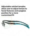 Heavy Duty Safety Glasses With Clear Polycarbonate Lenses And No Sweat Anti Fog Coating Featuring Adjustable Ratchet Temples In Gray And Blue Green for custom fit.