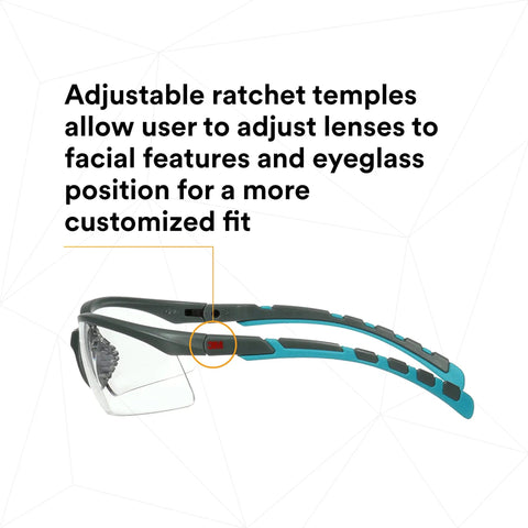 Heavy Duty Safety Glasses With Clear Polycarbonate Lenses And No Sweat Anti Fog Coating Featuring Adjustable Ratchet Temples In Gray And Blue Green for custom fit.