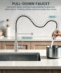 Kitchen Faucets with Pull Down Sprayer, Brushed Nickel, 360° swivel spout and pull-down hose in kitchen sink.