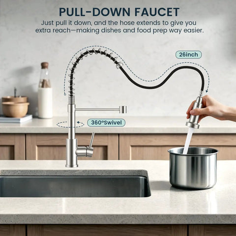 Kitchen Faucets with Pull Down Sprayer, Brushed Nickel, 360° swivel spout and pull-down hose in kitchen sink.