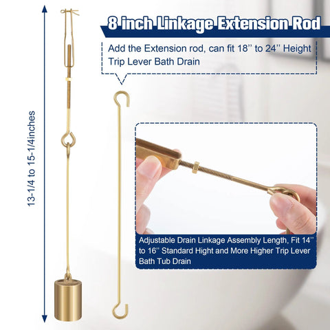 8 inch linkage extension rod for adjustable fit, made of brass, connects trip lever to tub drain assembly for repairs.