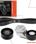 Engine Serpentine Belt Drive Kit for Chevy Trailblazer 2002-2009, GMC Envoy, Buick Rainier, components displayed