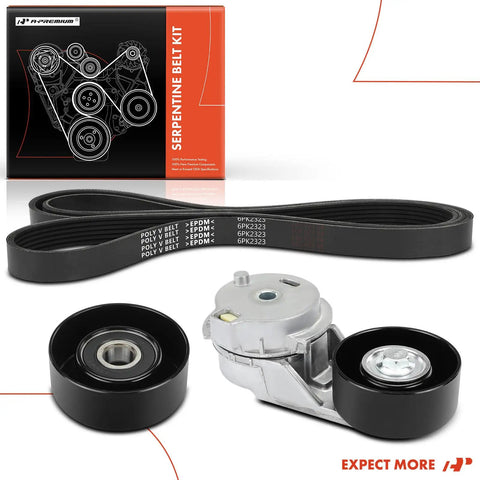 Engine Serpentine Belt Drive Kit for Chevy Trailblazer 2002-2009, GMC Envoy, Buick Rainier, components displayed