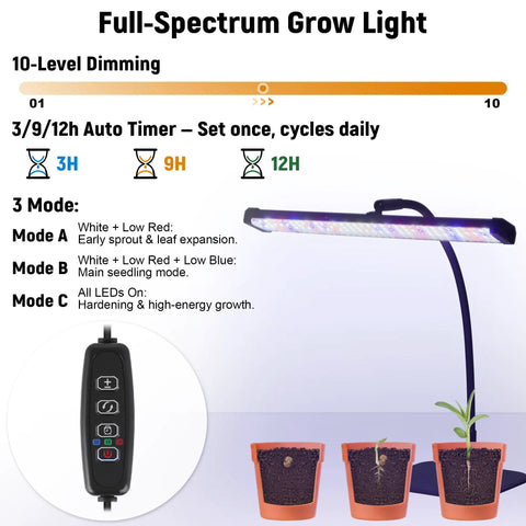 Full-spectrum grow light with control panel and timer for No Fuss Self Watering Seed Starter Kit With Grow Light And Heat Mat Seedling Tray