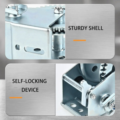 Close-up of rugged manual hand winch sturdy shell and self-locking device for 1000 to 1200 lbs load capacity auto brake