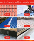 Pro Grade Self Adhesive Flashing Tape Aluminum Foil Waterproof Sealant shown on various roof types: tile, flat, color steel, balcony, gutter.