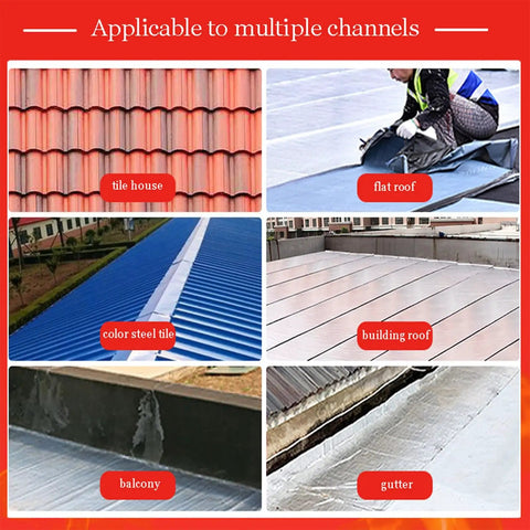 Pro Grade Self Adhesive Flashing Tape Aluminum Foil Waterproof Sealant shown on various roof types: tile, flat, color steel, balcony, gutter.