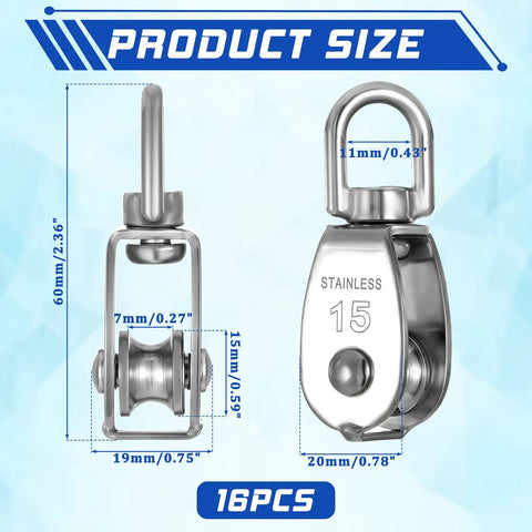 Heavy Duty 304 Stainless Steel Rope Pulley Set 16 Pack M15 Small Swivel Pulleys For Lifting And Towing Durable Wire Cable Wheel For Indoor Outdoor Clothesline And Rigging, size diagram
