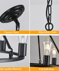 Industrial Black Wagon Wheel Chandelier details showing chain, bulb base, and black metal finish with six candle style lights.