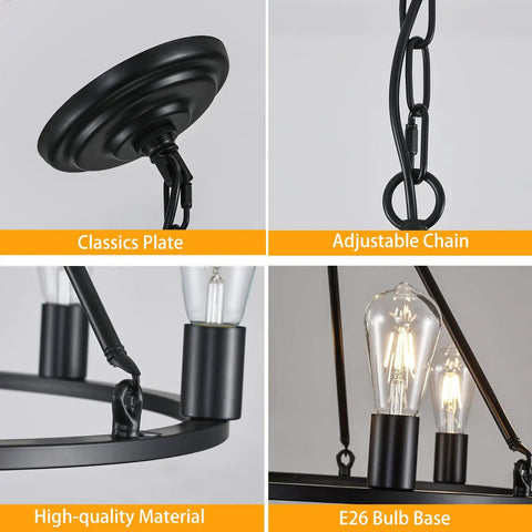 Industrial Black Wagon Wheel Chandelier details showing chain, bulb base, and black metal finish with six candle style lights.