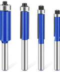 Top Shelf 4 Piece Carbide Router Bit Set With Top Bearing Flush Trim Design in blue, showcasing four varied sizes for woodworking.