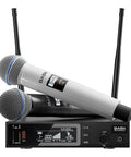 Wireless Two Microphone System With UHF Dual-Channel Receiver And Metal Handheld Dynamic Mics For Karaoke, Weddings, Parties, Church Or Speeches, Long Range Up To 100 Meters, 50 Frequencies, Anti-Interference Tech, Easy Setup And Stable Signal on display