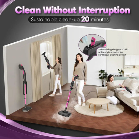 Heavy Duty Steam Mop Cleaner With Self Standing Base And Swivel Head High Temp Handheld Steamer For No Sweat Cleaning in action.